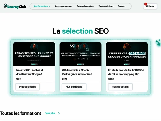 LearnyClub : plateforme e‑learning webmarketing spécialisée en SEO, IA et automatisation